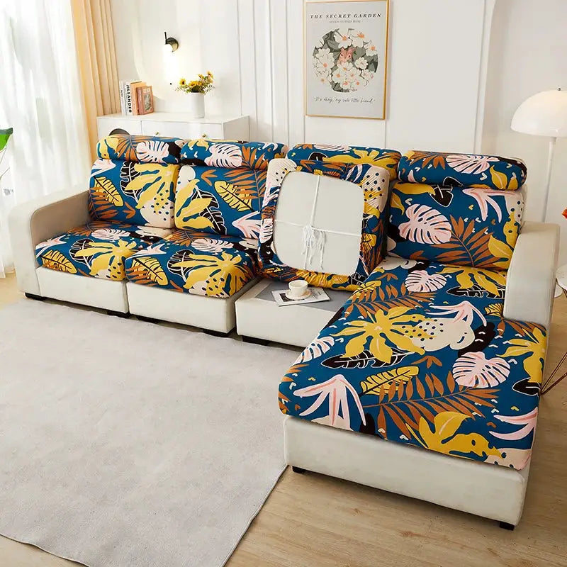 Simples Market floral stretch sofa slipcover set for L-shaped couch in blue with yellow and pink leaf pattern