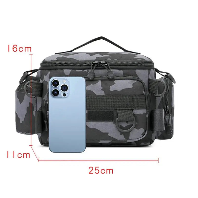 Black Fishing Tackle Shoulder Bag Storage Waist Bag with Fishing Rod Holder Outdoor Sports Bag - Simples Market