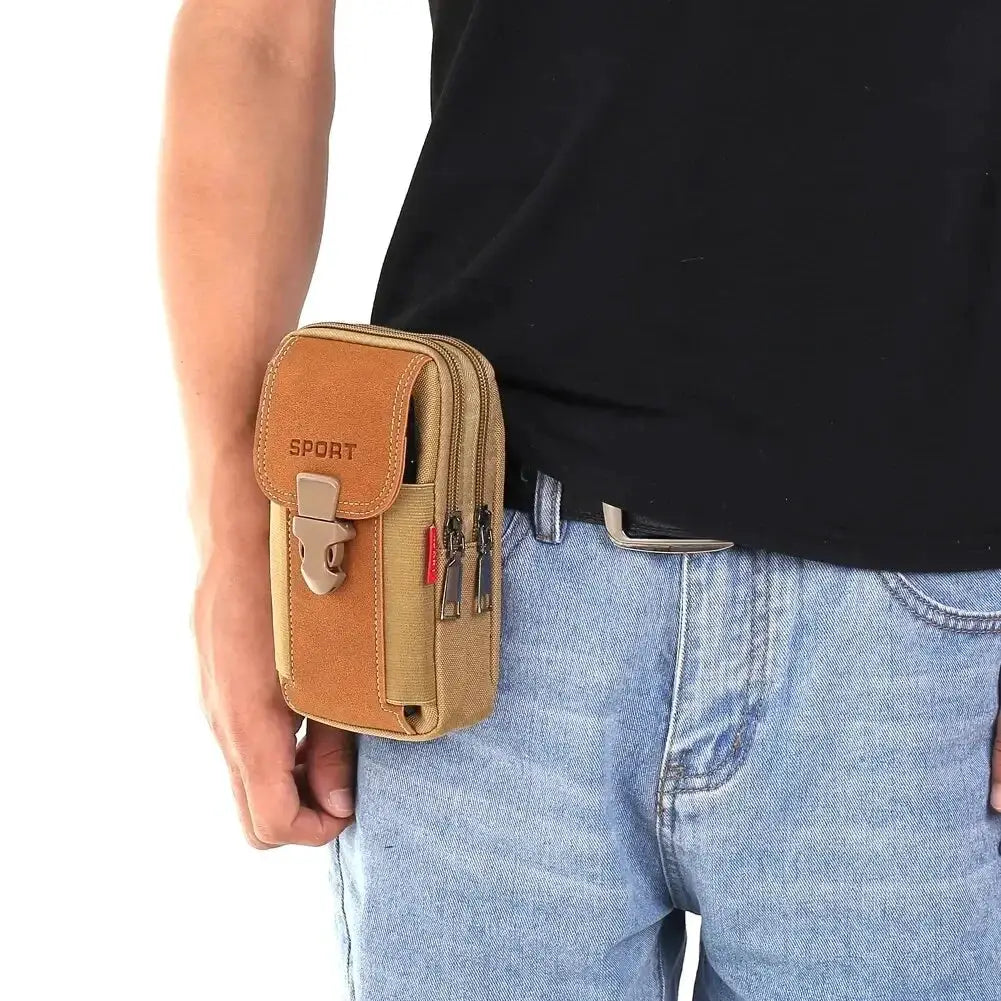 Unisex belt pouch phone bag in tan, multi-pocket tactical waist pack with front flap and buckle.