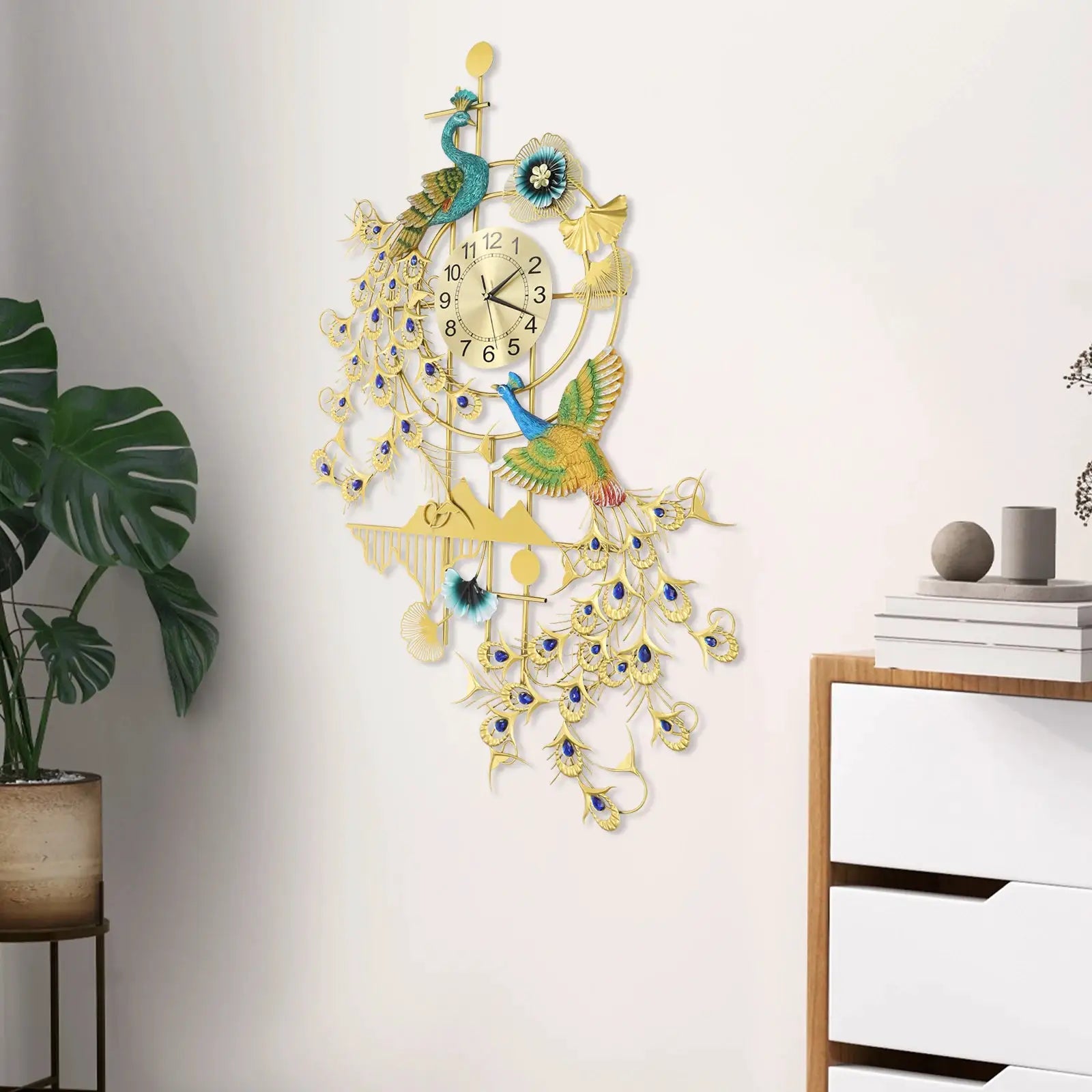 Large 80x120cm peacock wall clock by Simples Market; gold-tone iron art with two peacocks and blue rhinestones