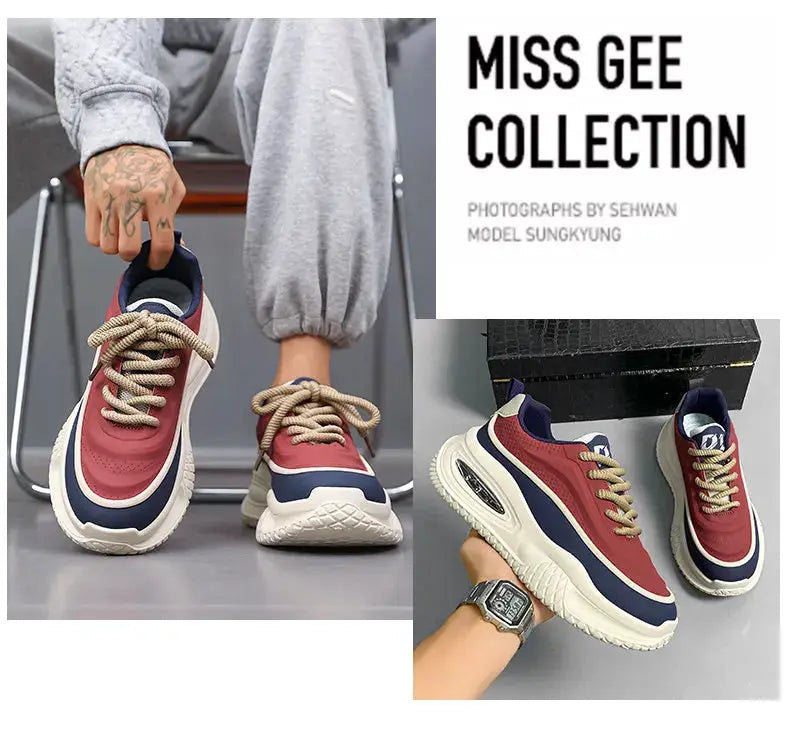 Men's casual skateboarding shoes with thick white sole in red and navy; two pairs shown.