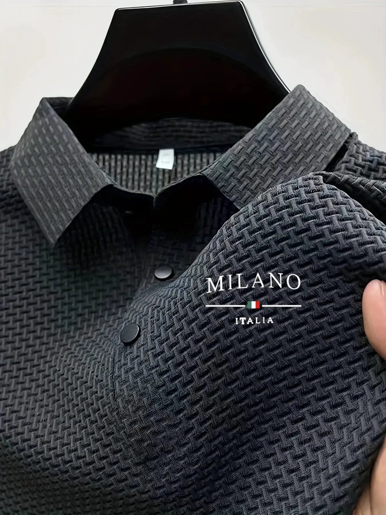 Men's short-sleeved polo shirt in textured gray fabric with Milano Italia logo