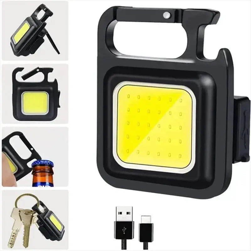 Keychain LED light by Simples Market; USB-rechargeable COB camping lantern with pocket clip.