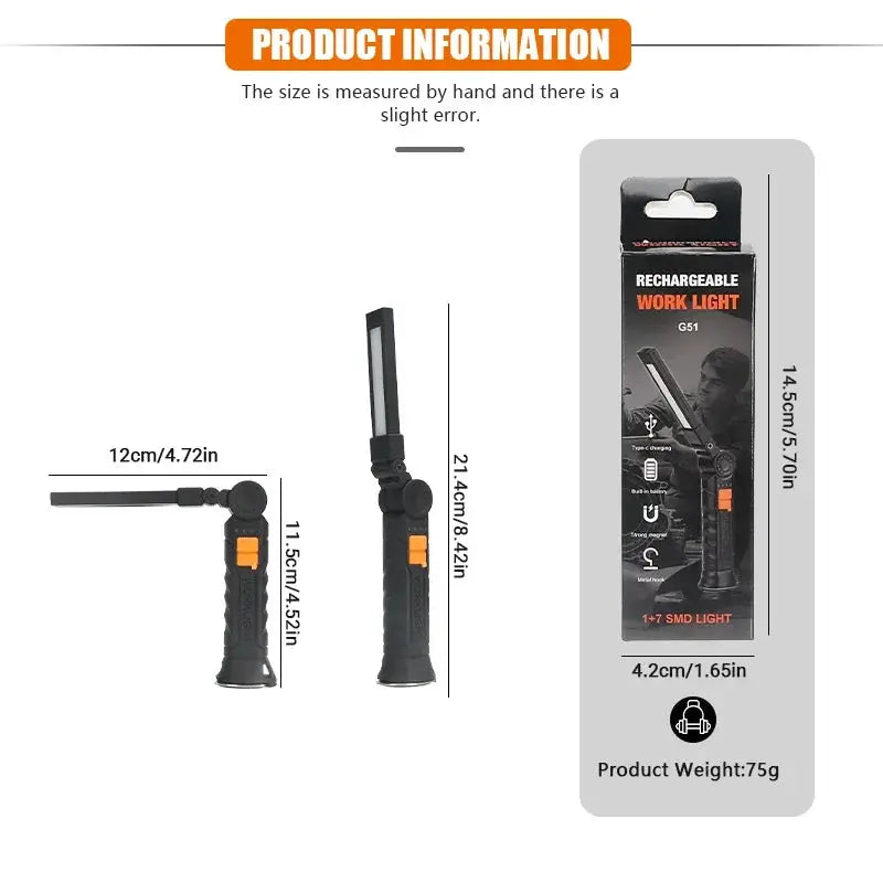 LuminaForge USB Rechargeable COB LED Flashlight Work Light with Magnetic Hook and 360 Degree Rotation