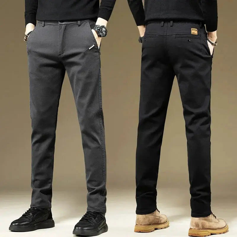 KUBRO men's casual cotton pants, solid gray and black, straight-leg trousers, 2 pairs