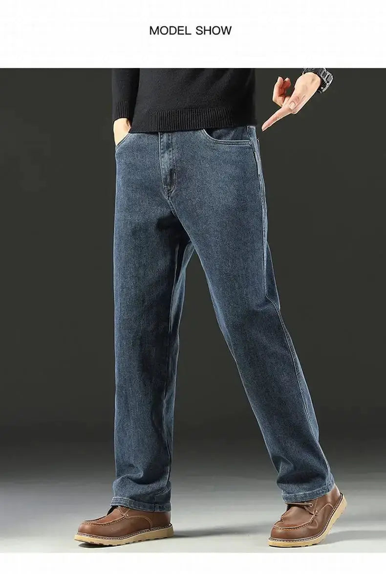 Men's baggy denim jeans from Simples Market, blue straight-leg casual pants with comfortable stretch