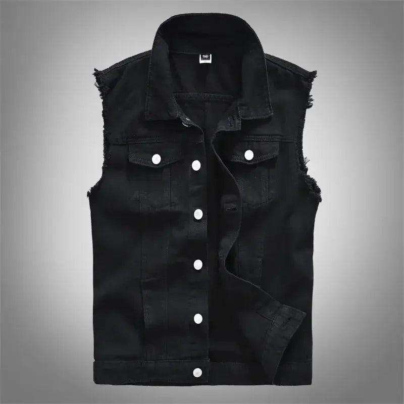 Men's black denim sleeveless vest with white snap buttons and frayed armholes.