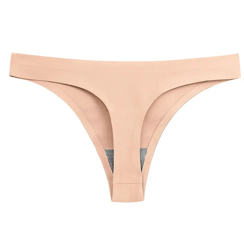 Nude seamless thong underwear, low-rise design in beige.