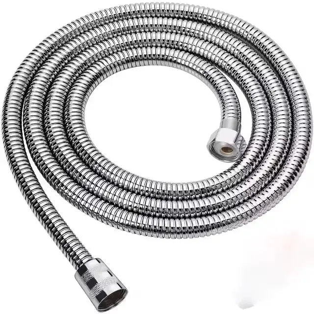 Chrome shower hose, flexible coiled metal with metal fittings for bathroom showers.