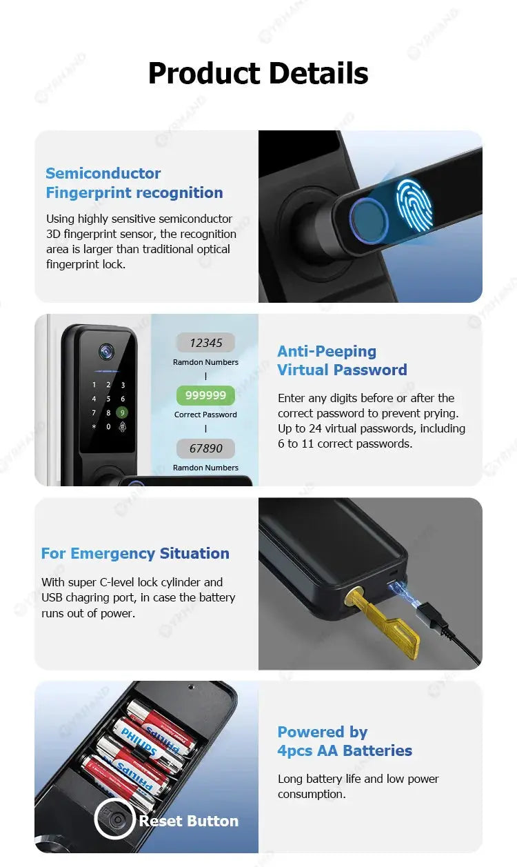 Simples Market YRHAND H01 electronic smart door lock with biometric fingerprint camera, IP66 Tuya Wifi