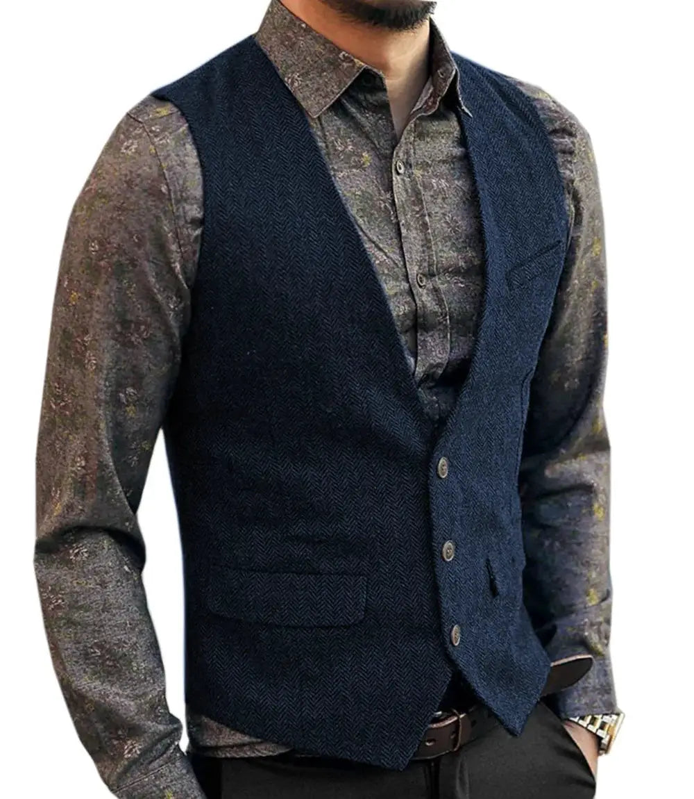 Simples Market deep V-neck navy herringbone waistcoat with wood buttons; slim-fit men's formal vest