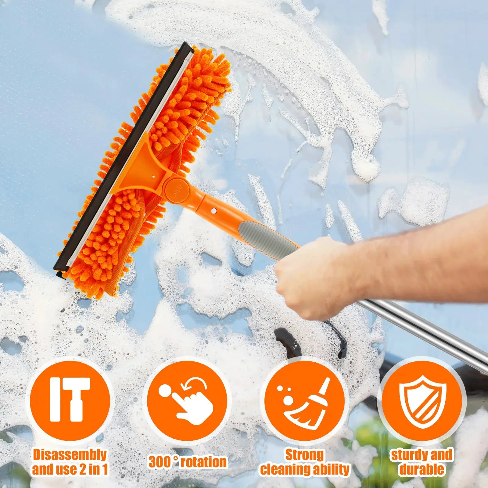 Simples Market extendable window cleaner with 180° rotatable long handle and orange microfiber brush