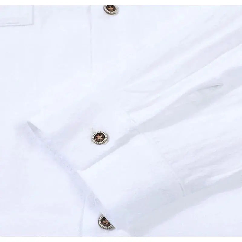 Men's white linen long-sleeve button-up shirt with double chest pockets for casual daily wear
