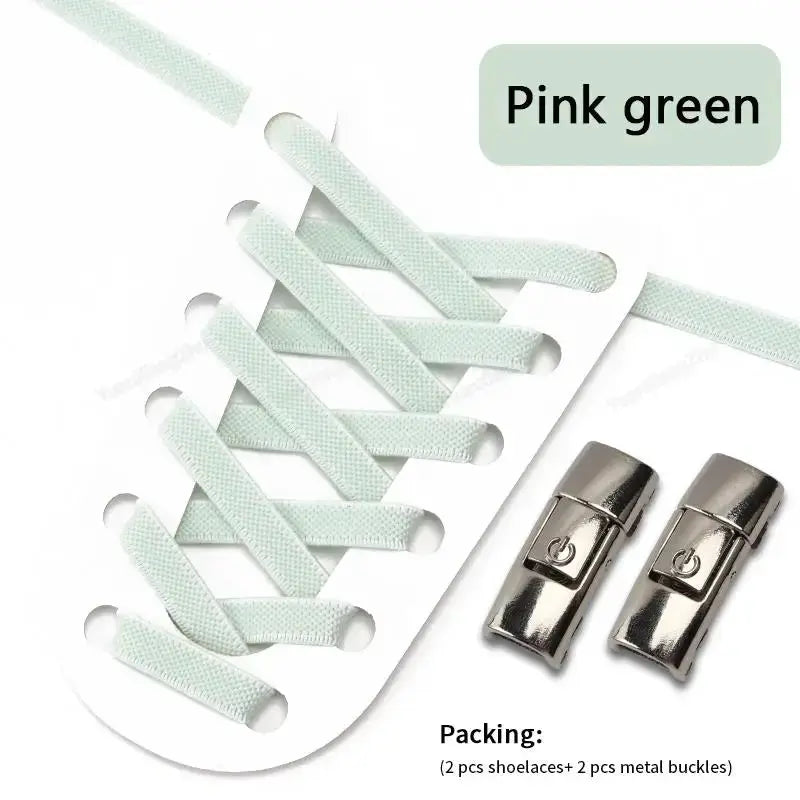 Simples Market press-lock elastic shoelaces, pink-green 8mm flat no-tie laces; includes 2 laces and 2 metal buckles