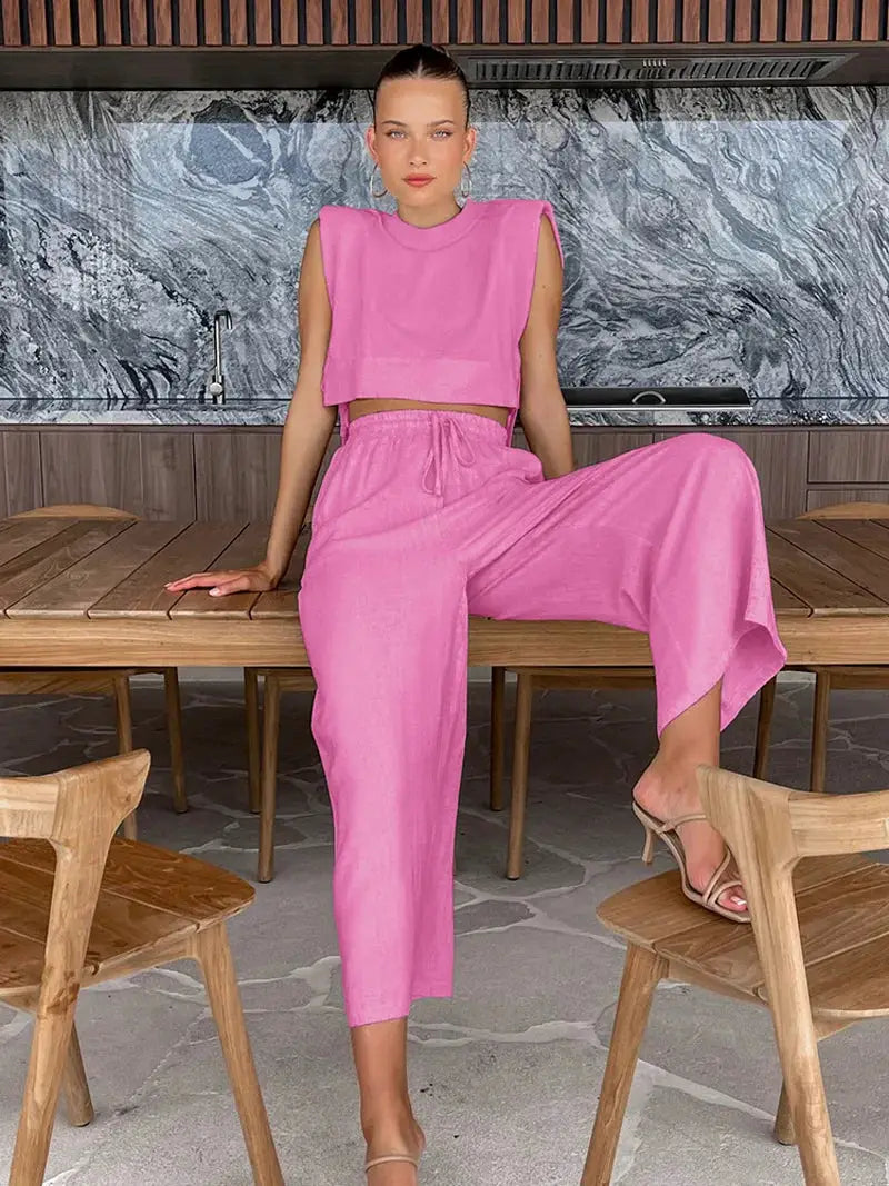 Linen Two Piece Pant Set With Crop Top For Women Spring Summer 2025