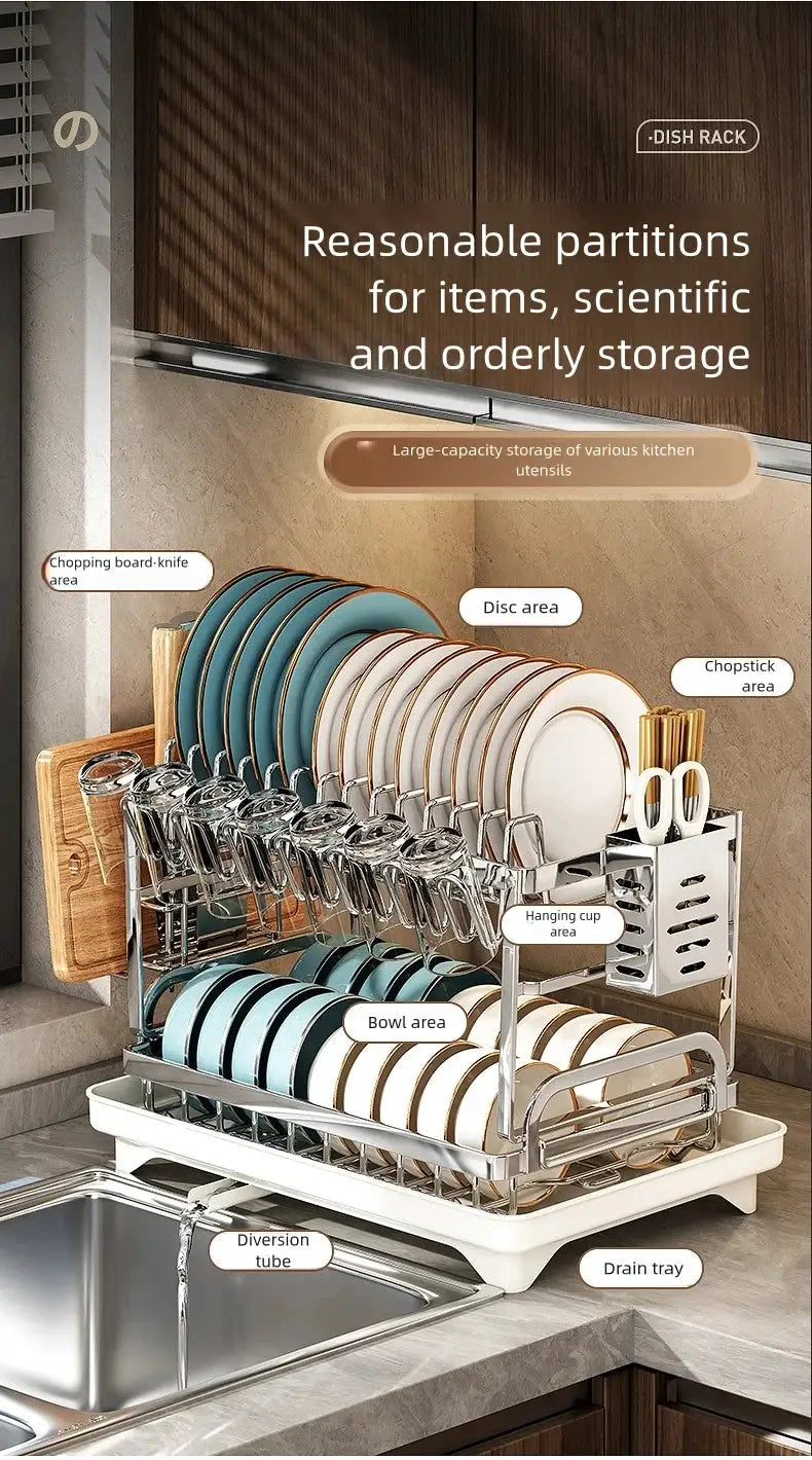 Stainless steel dish rack with drain tray for bowls and plates; cup and utensil area, compact multi-section organizer