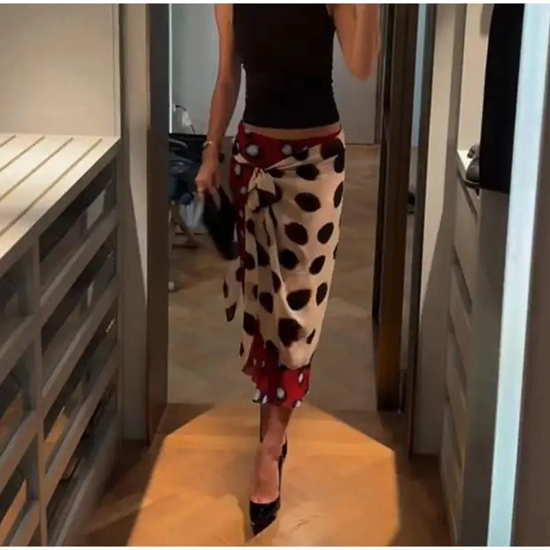 Urban Lace Patchwork Skirt with red trim and black polka-dot print, wrap-style