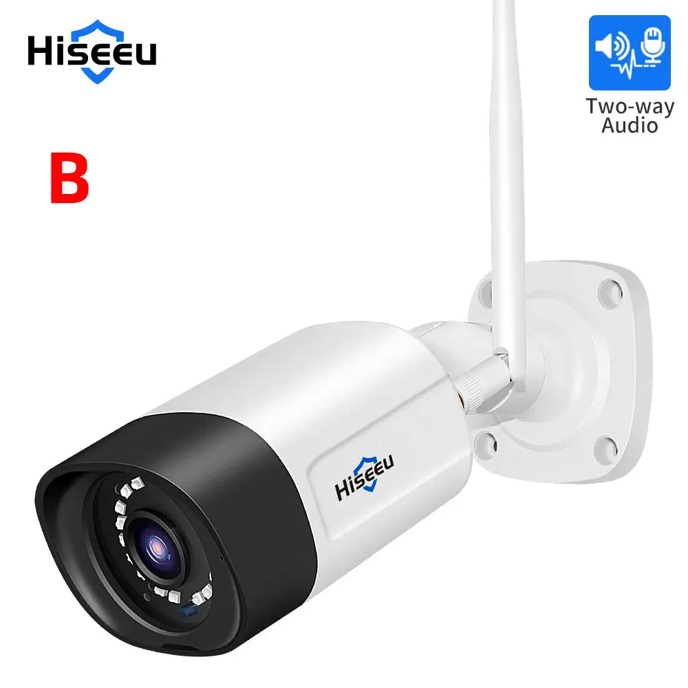 Hiseeu wireless IP camera, white body with black front, 3.6mm lens, waterproof wall-mount security camera