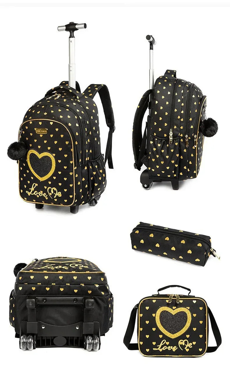 Simples Market children's 4-piece wheeled backpack set with lunch box and pencil case, black with gold hearts