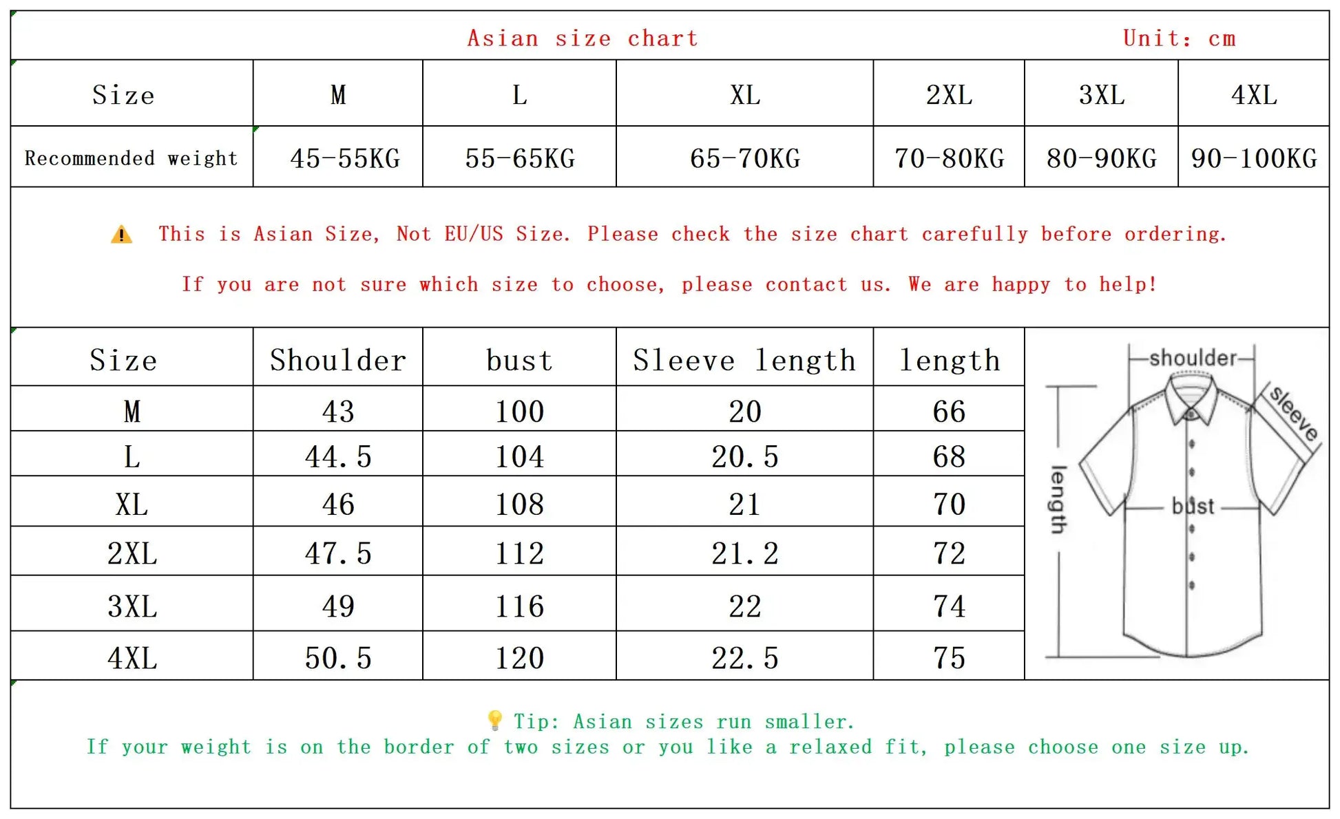 Polo shirt by Simples Market: size chart with Asian sizes M–4XL and garment diagram showing shoulder, bust, sleeve length.