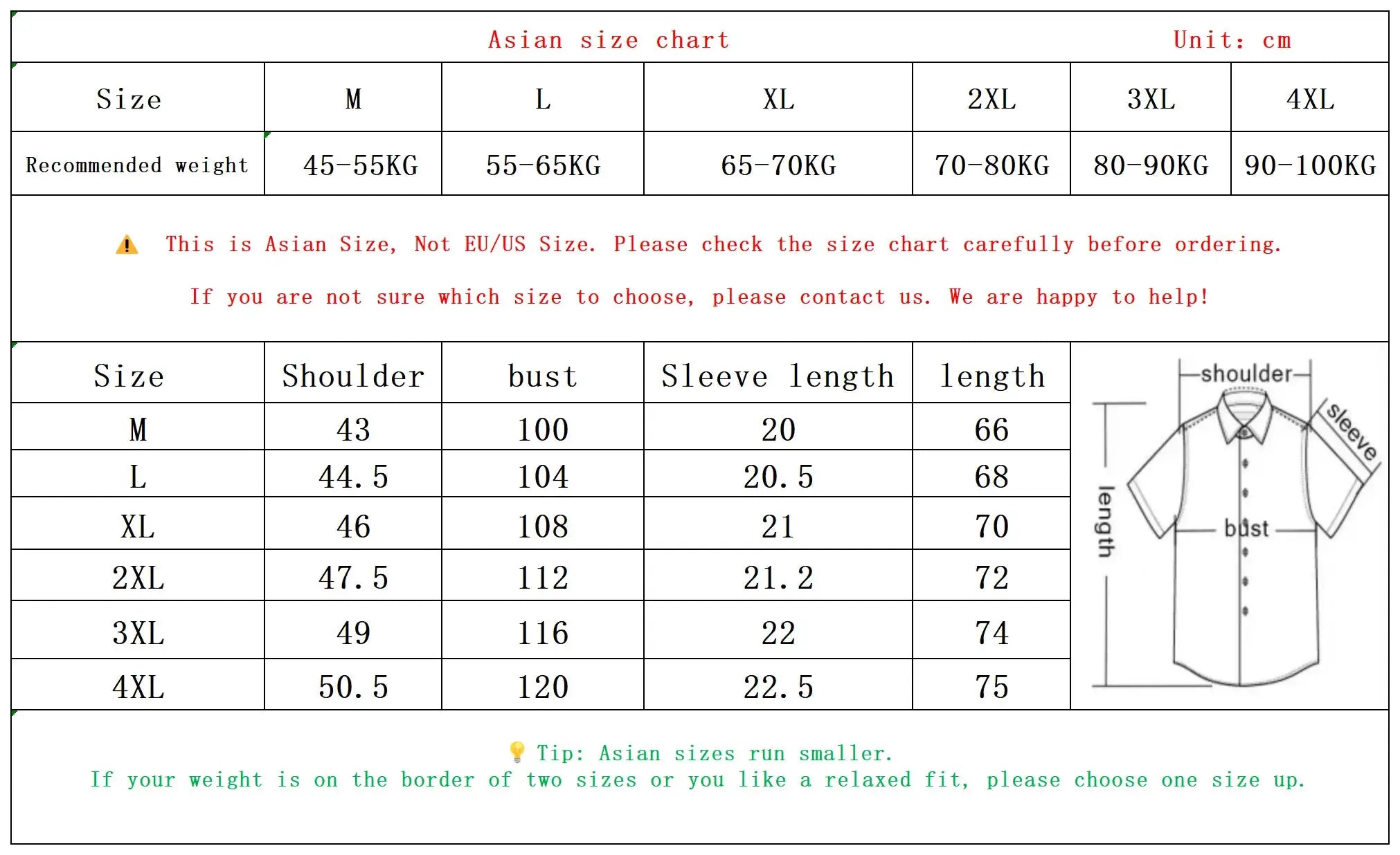 Polo shirt by Simples Market: size chart with Asian sizes M–4XL and garment diagram showing shoulder, bust, sleeve length.
