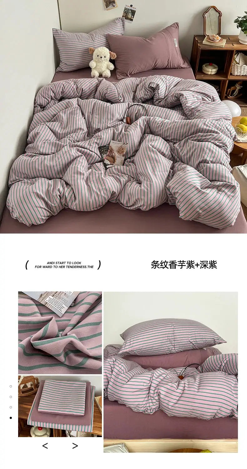 INS blue stripe bedding set with duvet cover, pillowcases, and bedsheet by Simples Market