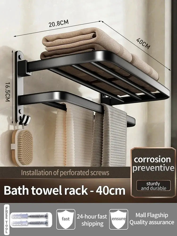 Towel rack by Simples Market, folding aluminum, grey/black finish, wall-mounted with shelf and towel hook