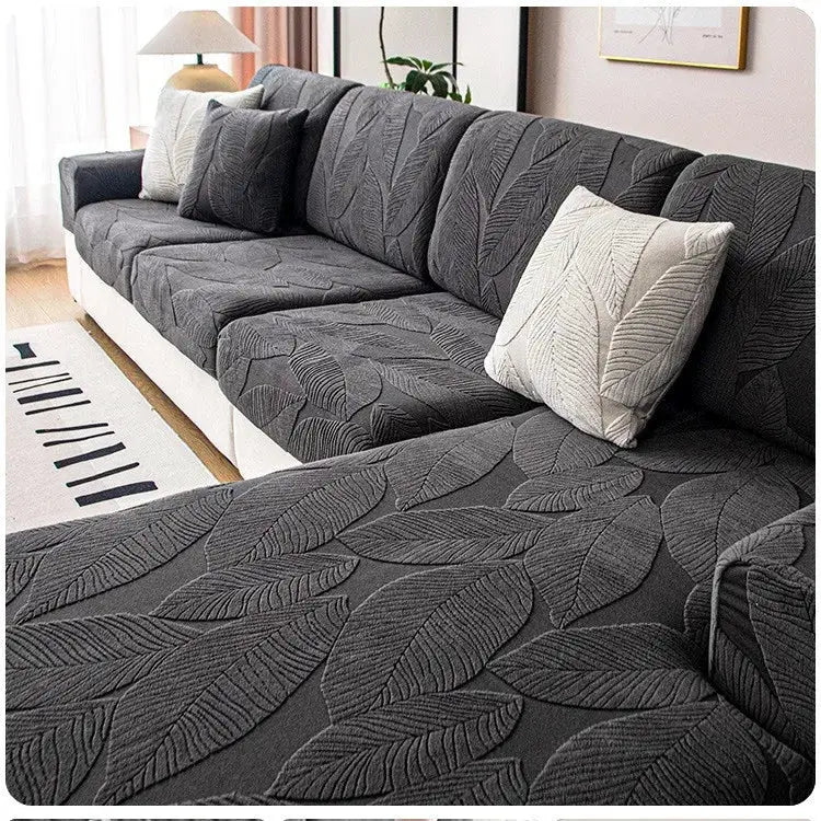 Sofa seat cushion covers in dark gray jacquard leaf pattern, waterproof luxury sofa cover by Simples Market