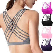 Fitness sports bra by Simples Market, gray cross-back with multiple straps worn by a model; color options shown