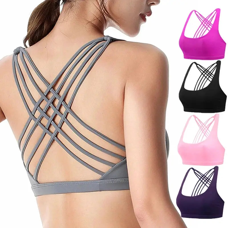 Fitness sports bra by Simples Market, gray cross-back with multiple straps worn by a model; color options shown