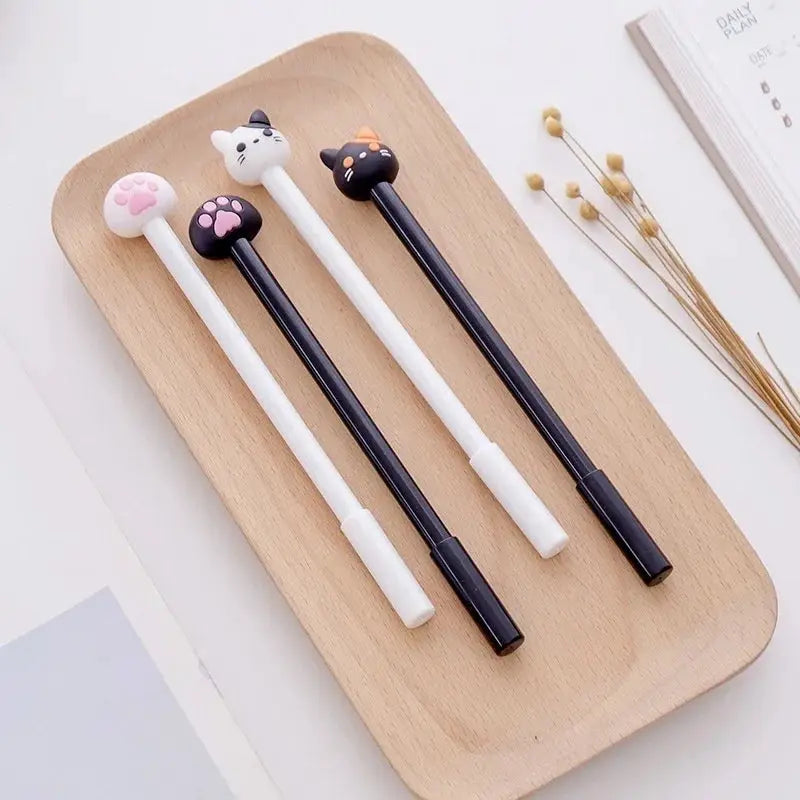 Kawaii cat gel pen set, 4 pens with cat-head toppers in white and black bodies, black ink