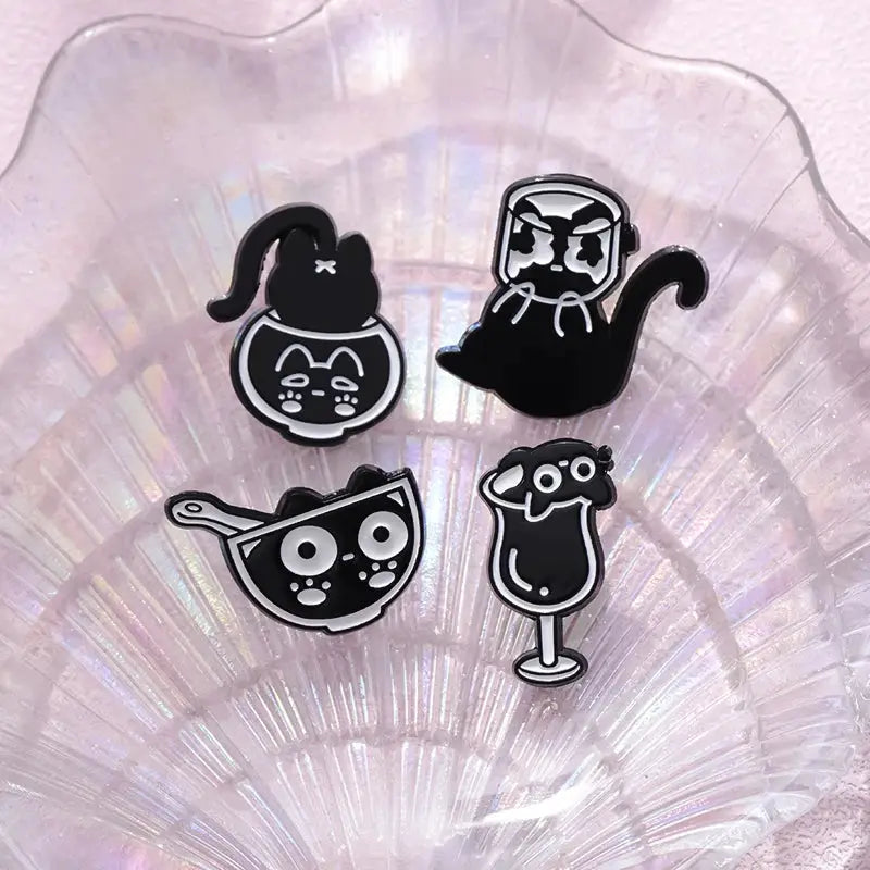 Cat Enamel Pins Set 4 To 6 Pieces Cute Black Fluid Cat Brooches Lapel Pins Jewelry Gift For Friends