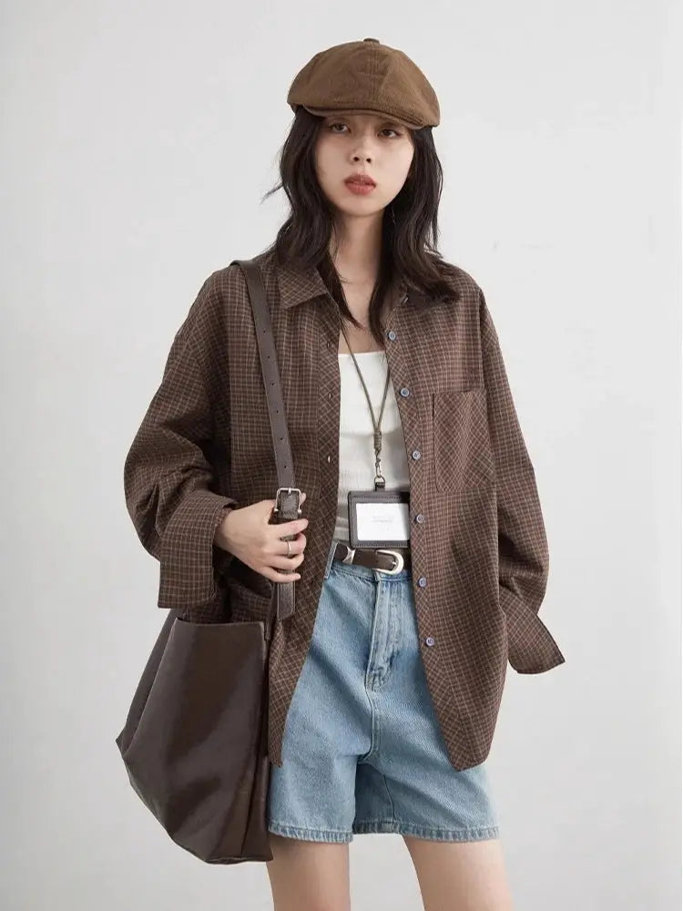 CHIC VEN women's loose-fit brown plaid shirt, single-breasted oversized casual top