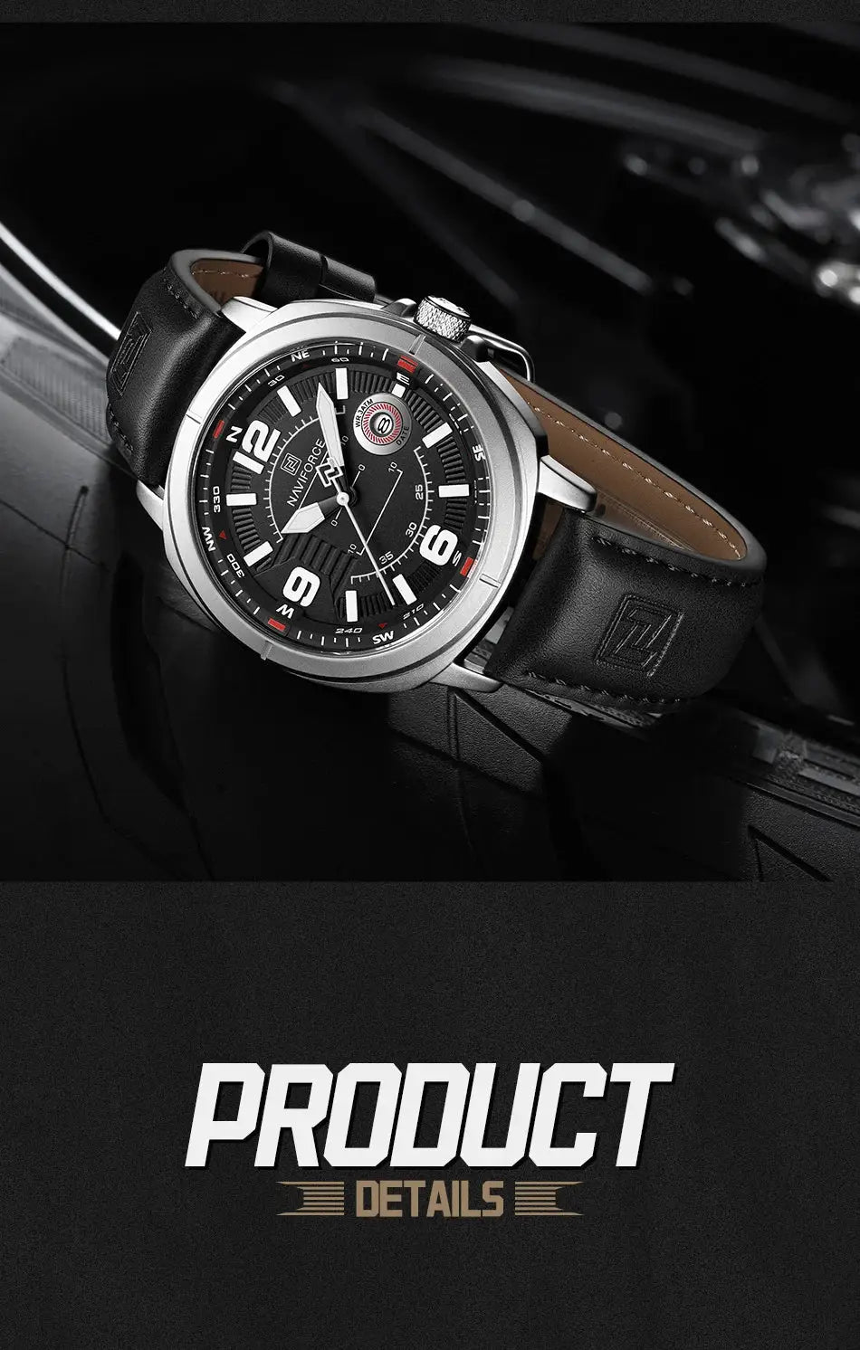 NAVIFORCE men's quartz watch with black dial, silver case, black PU strap, calendar date display, waterproof