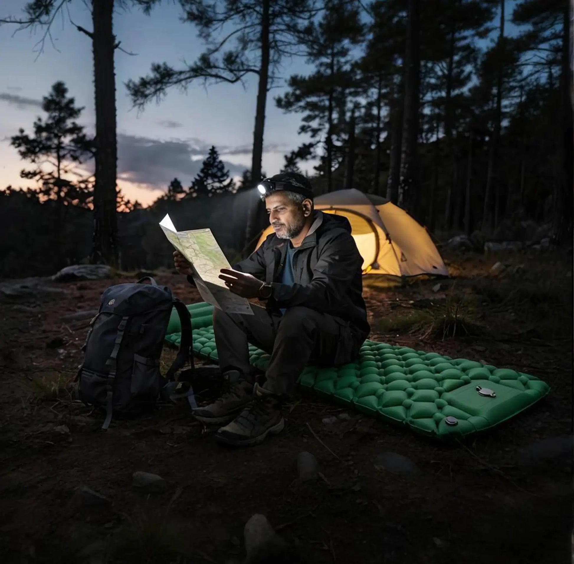 Inflatable sleeping pad by Simples Market, green camping mat laid near a tent at dusk