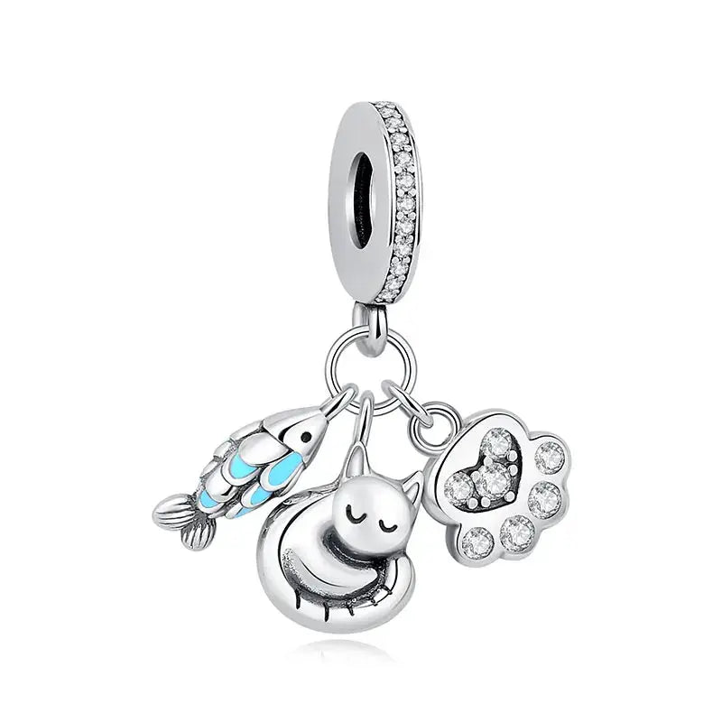 925 Sterling Silver Paw Print Charm Beads for Dogs and Cats Jewelry Pendant Fit for Bracelets Necklaces DIY Projects