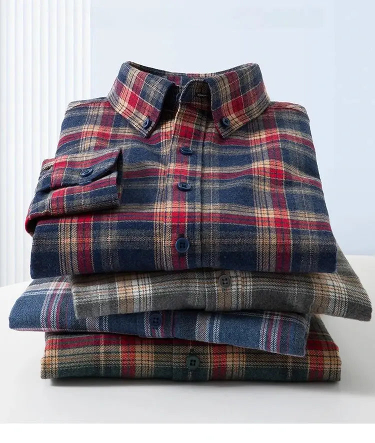 Simples Market four-pack plaid flannel shirts; 100% cotton, men's casual anti-wrinkle, multi-color, sizes M–4XL