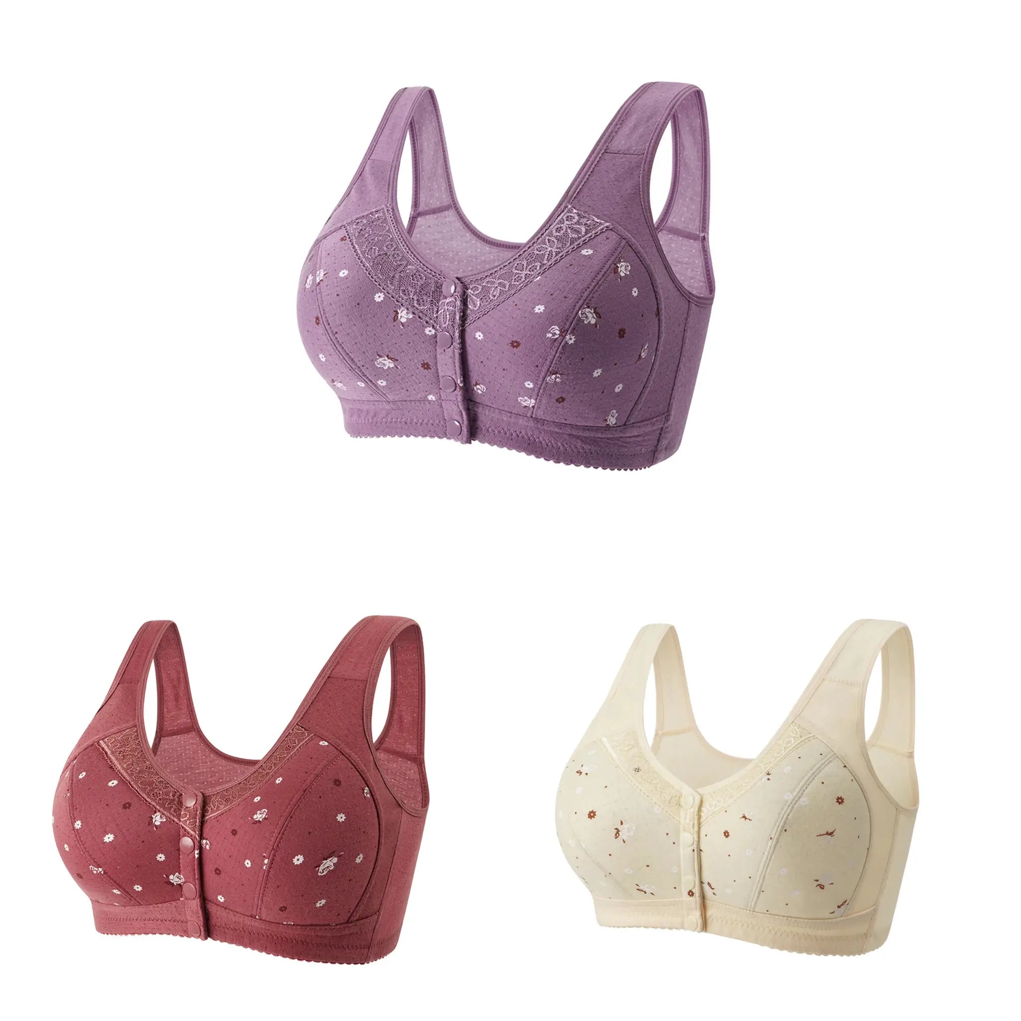 FallSweet 3Pcs Front-Closure Bra set; wireless lace bras in purple, pink, and beige with floral print