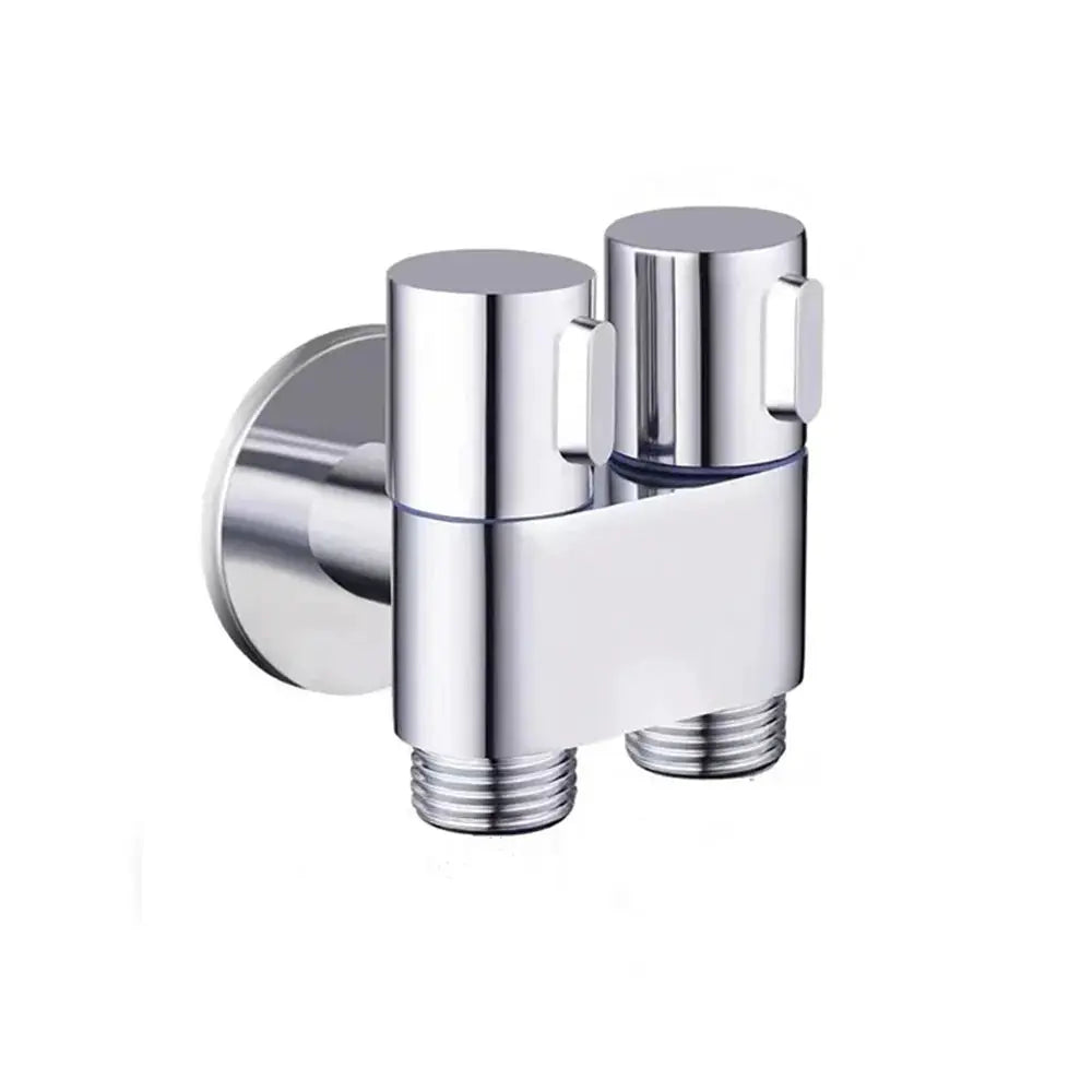 Chrome dual-outlet wall-mounted faucet with two knobs and threaded hose connections