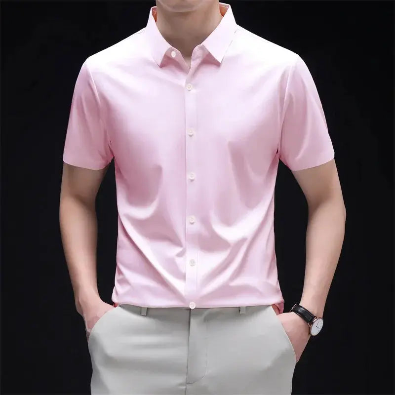 Mens Business Casual Short Sleeved Solid Color Shirt Wrinkle Resistant Wrinkle Free Comfortable All Season Versatile Top