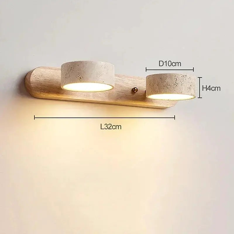 LED wall light with two cement-textured circular lamps on a wood backboard; 32 cm long, Simples Market