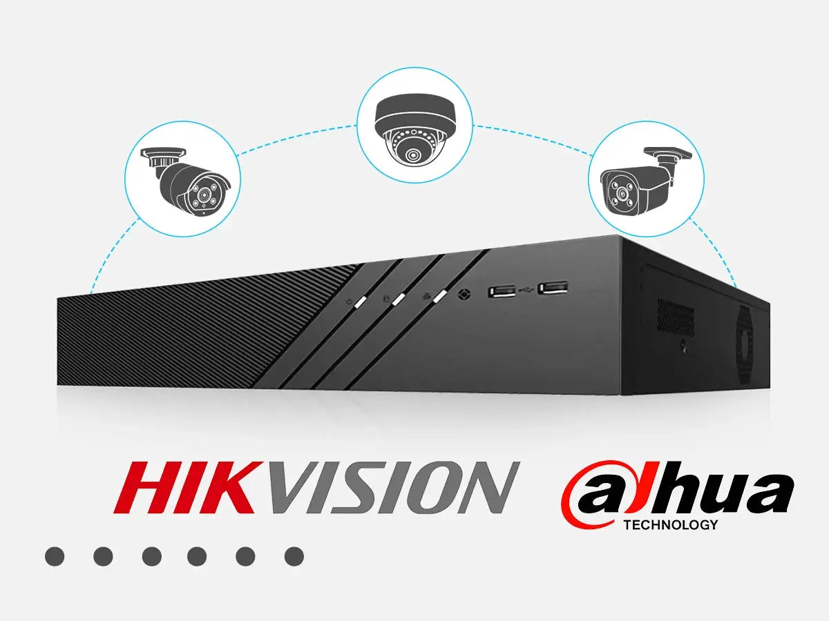 NVR security video recorder with black metal chassis, three camera icons overhead, Hikvision and Dahua logos