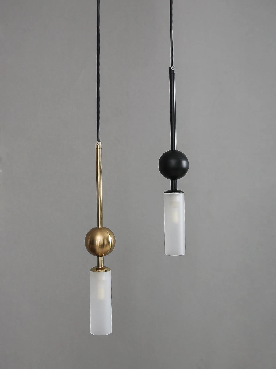 Pair of Nordic luxury pendant lights in gold and black iron with frosted glass cylinders