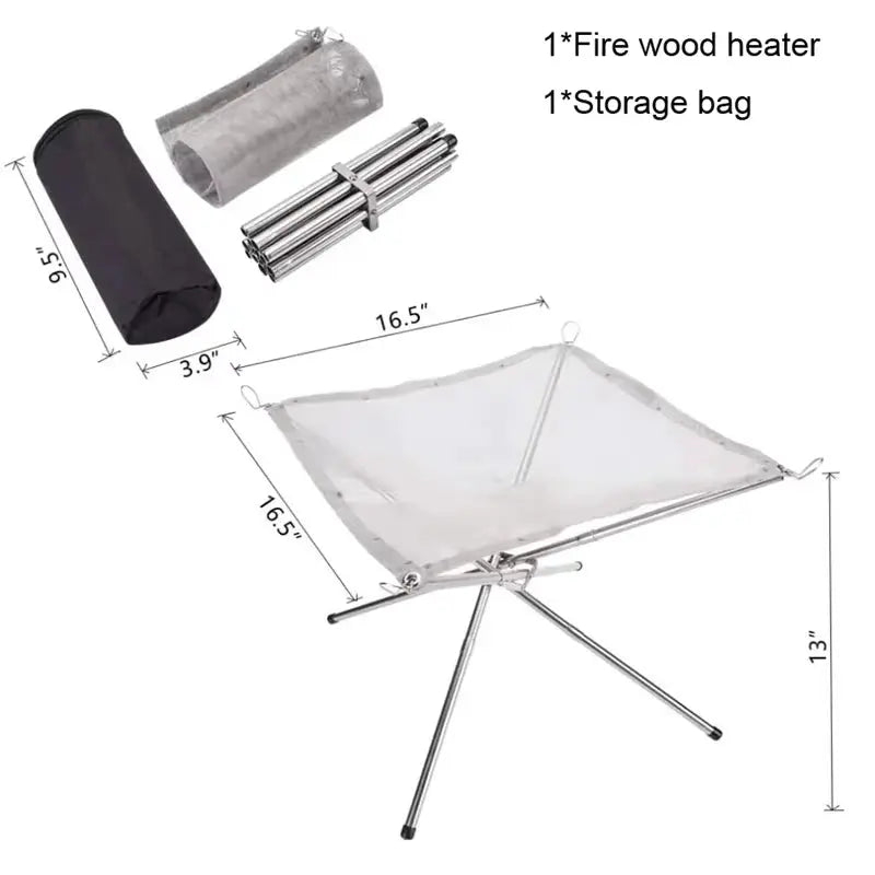 Portable outdoor BBQ fire pit rack with stainless steel mesh, foldable stand; includes carry/storage bag