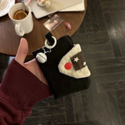 Rice ball card holder purse by Simples Market; black fabric with cream plush flap and star/red patch, key ring charm