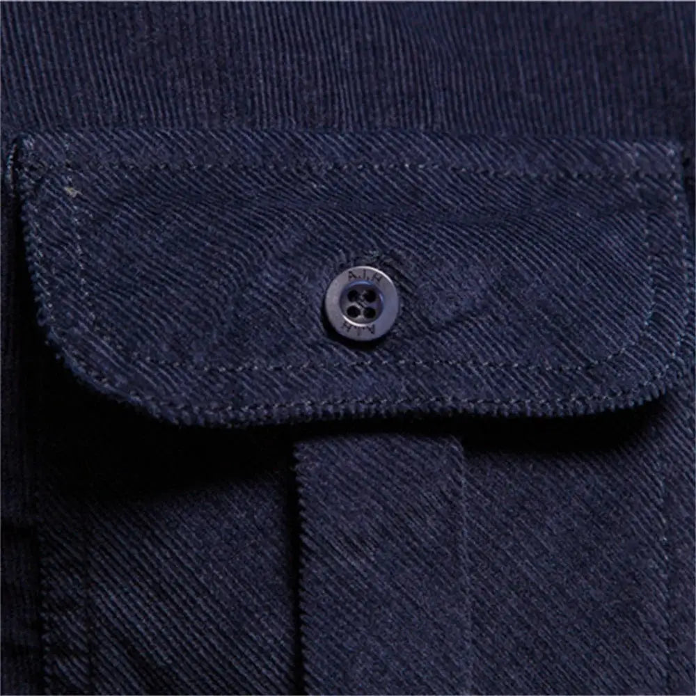 Men's navy corduroy shirt with pocket flap and button