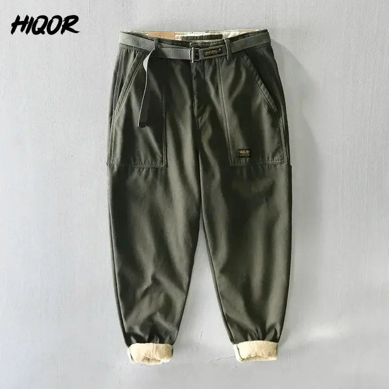 HIQOR men's winter cargo pants in olive green with belt, large cargo pockets and fleece-lined cuffs