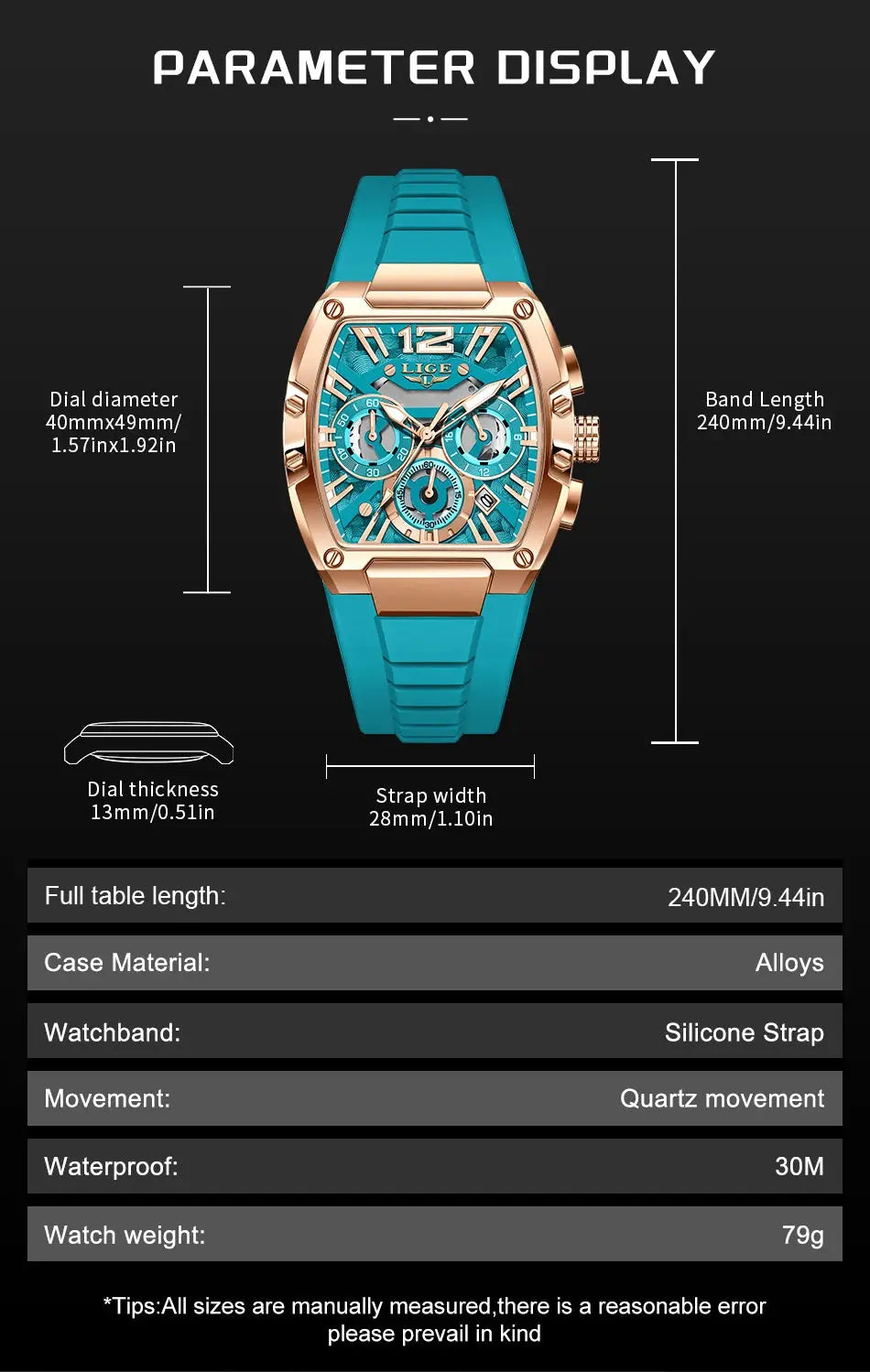 LIGE men's chronograph wristwatch with teal silicone strap and rose-gold case