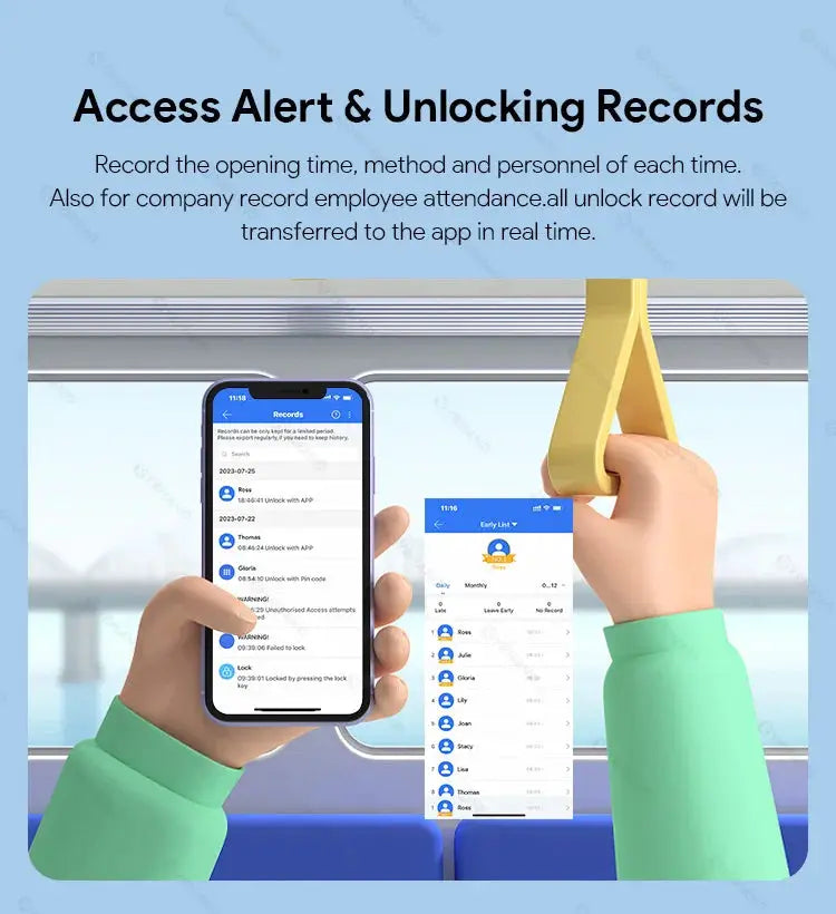 Fingerprint smart door lock by Simples Market with TTLock app; screens show access records and user list