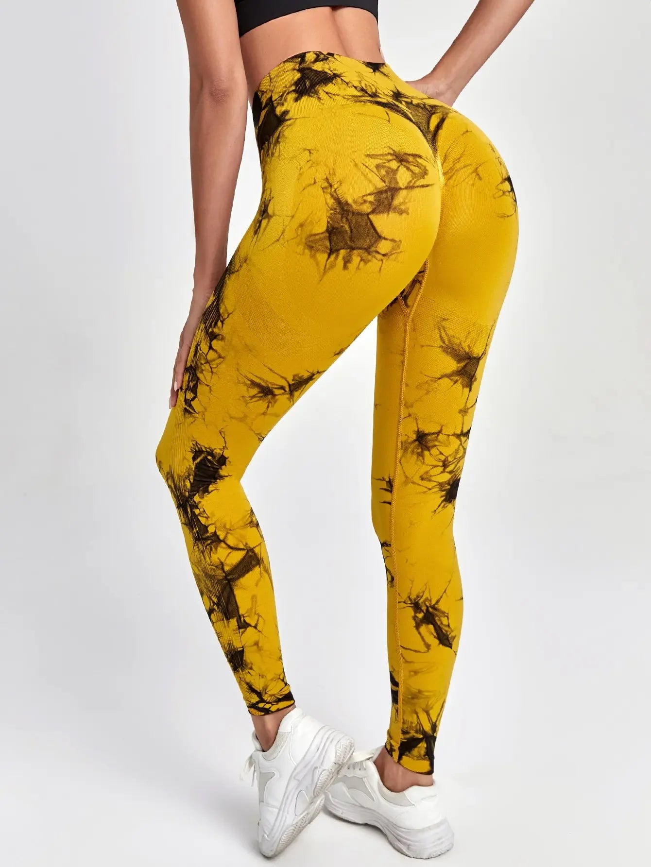 Simples Market women's tie-dye nine-tenths leggings, high-waist yellow/black pattern, stretchy breathable workout pants